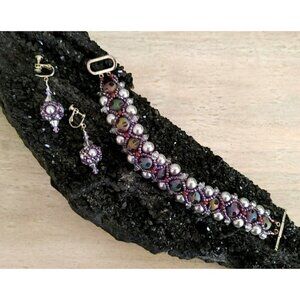 Set of Multi Color Glass Beads Faux Gray Pearl Bracelet Clip On Dangle Earrings
